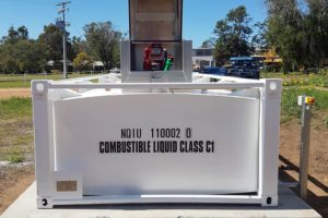 End view of 10000l self bunded tank with pump box closed. curved roof feature